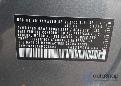 2017 Volkswagen Jetta 1.4T S from USA, damaged, VIN 3VW2B7AJ1HM228694